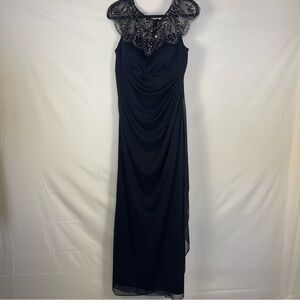 Xscape Navy Blue‎ Lace Ruched Gown size 12 *C0017